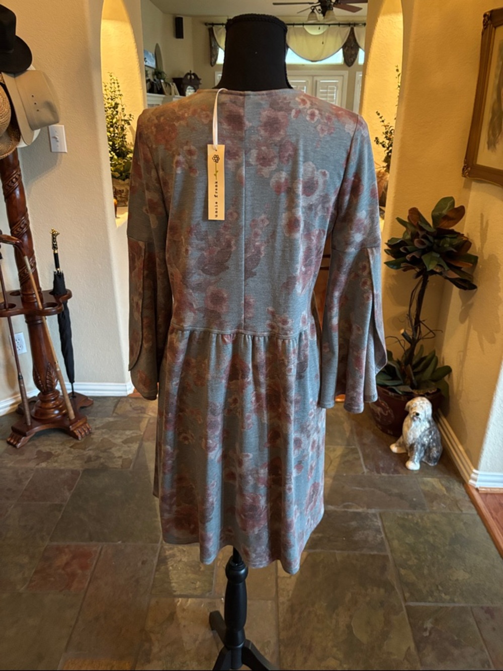 Uncle Frank Grayish Blue Floral V-Neck Long Sleeve Dress - Picture 4 of 5
